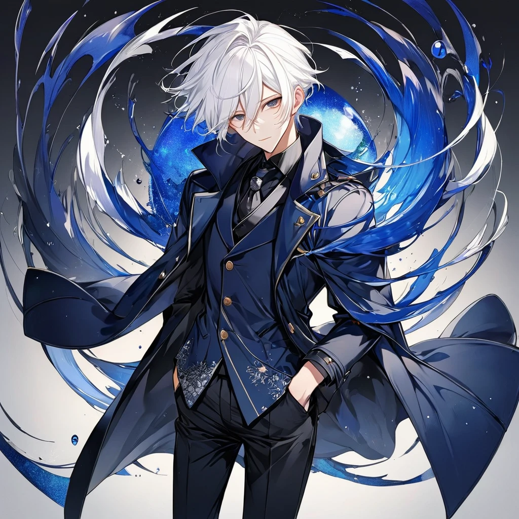 Male, anime style, white hair, dark blue coat, black pants