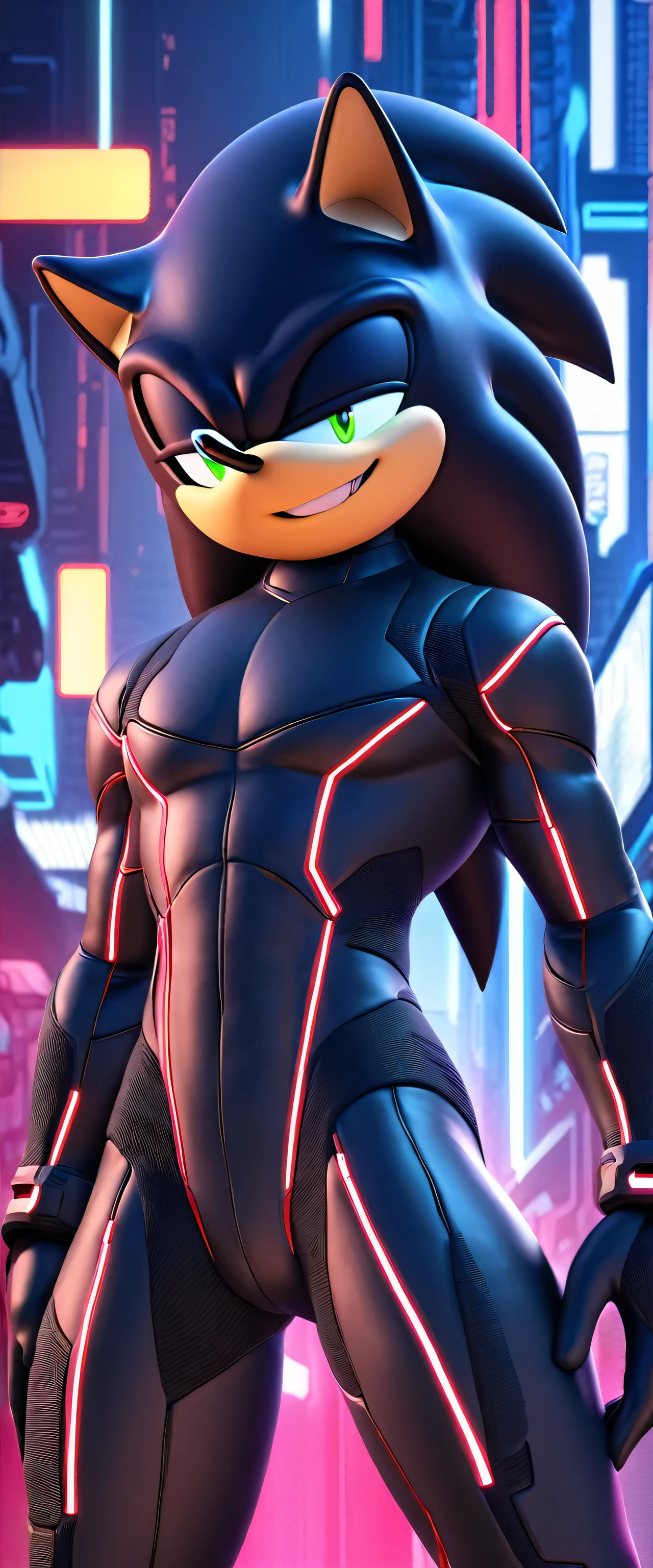 (((masterpiece:1.5, 4K, 8K))), a full body high quality digitally drawn rendered image ((by SEGA)) of A solo male tall anthro ((gunmetal grey hedgehog)), (((sonic style quills:0.9))) with glowing green eyes, (((tan muzzle))), wearing a (((sci-fi bodysuit))) stands in a neon-lit cyberpunk city The android's bodysuit is adorned with (((black coloring:1.5))) with (((crimson accents:1))), with intricate android seams, creating a futuristic look. the android has a seductive smirk on his face