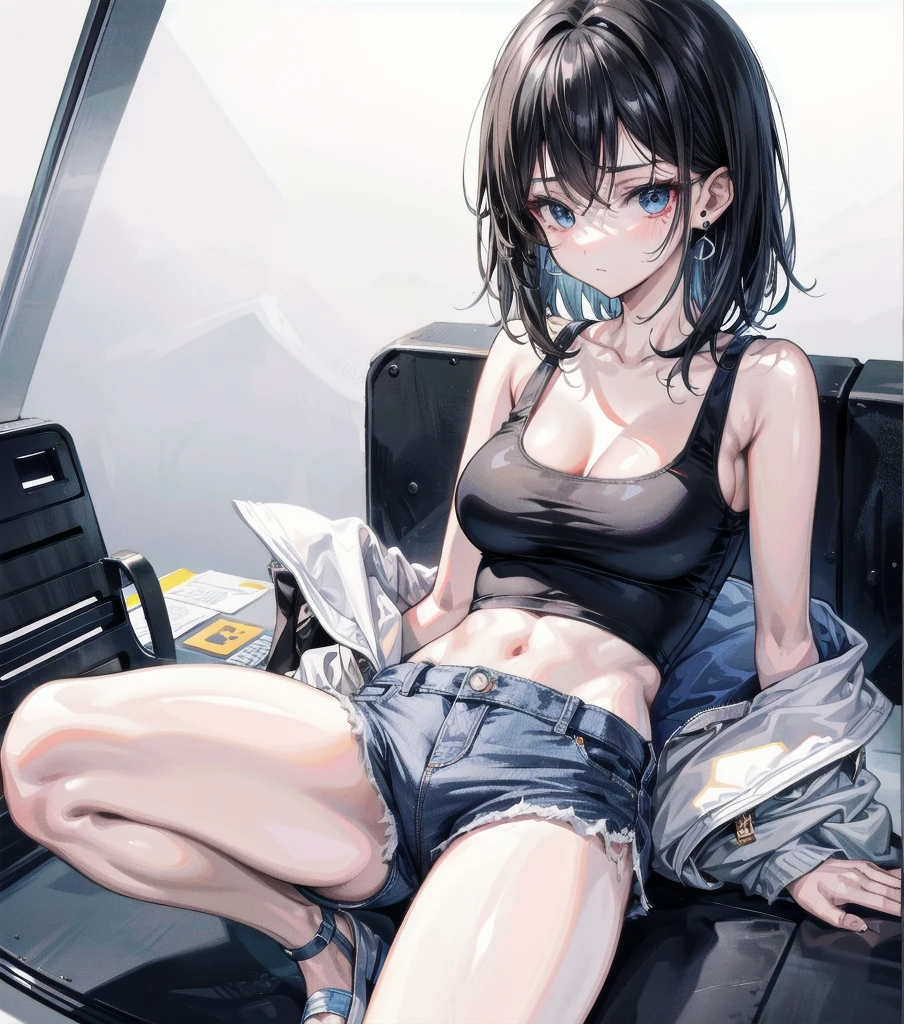 whole body, solo, alone, delicate facial features, medium tits, medium hair, black hair, tearful mole, earring, tank top, Hot Pants,