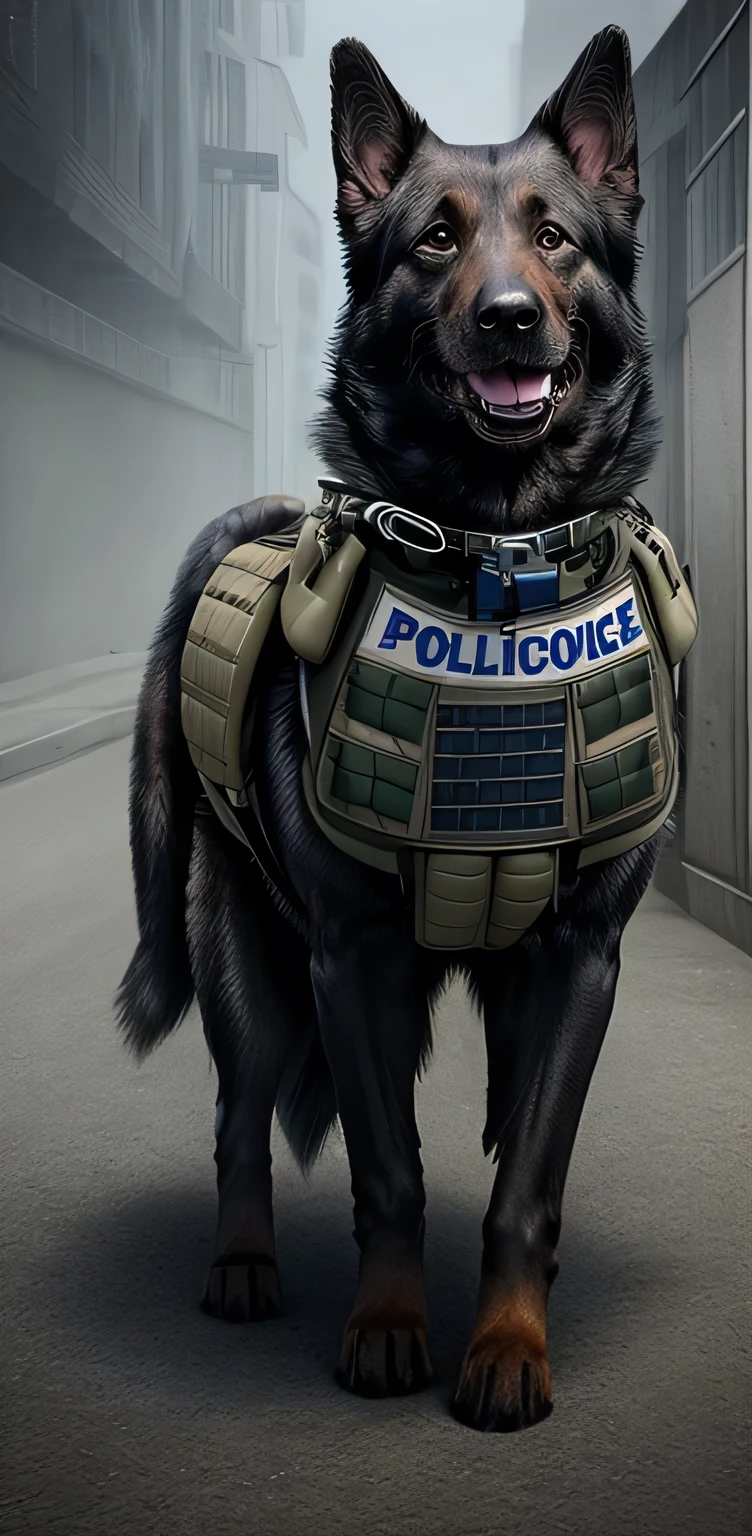 police dog with weapons and bulletproof vest 