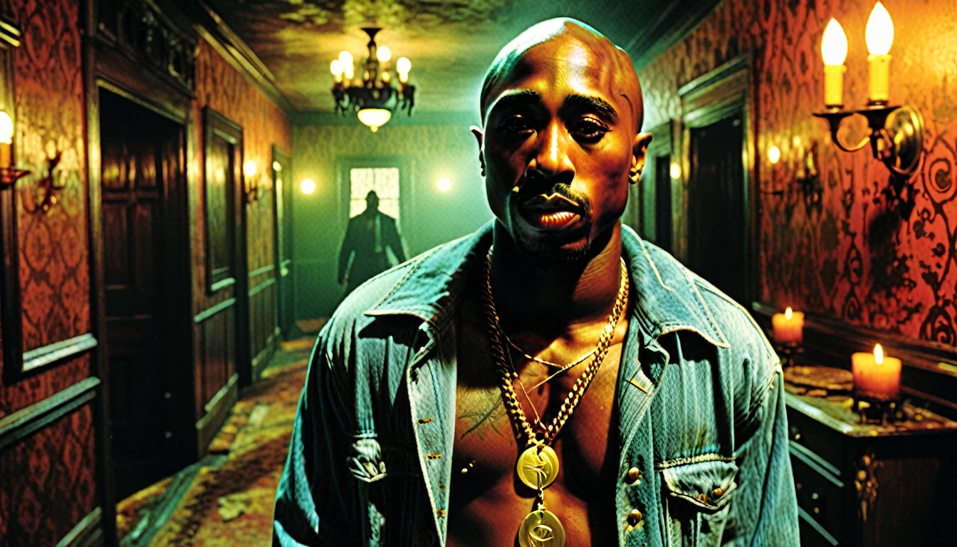 1970s photo of "2Pac" in a haunted house, atmospheric perspective, textured skin, cinematic action, super detail,