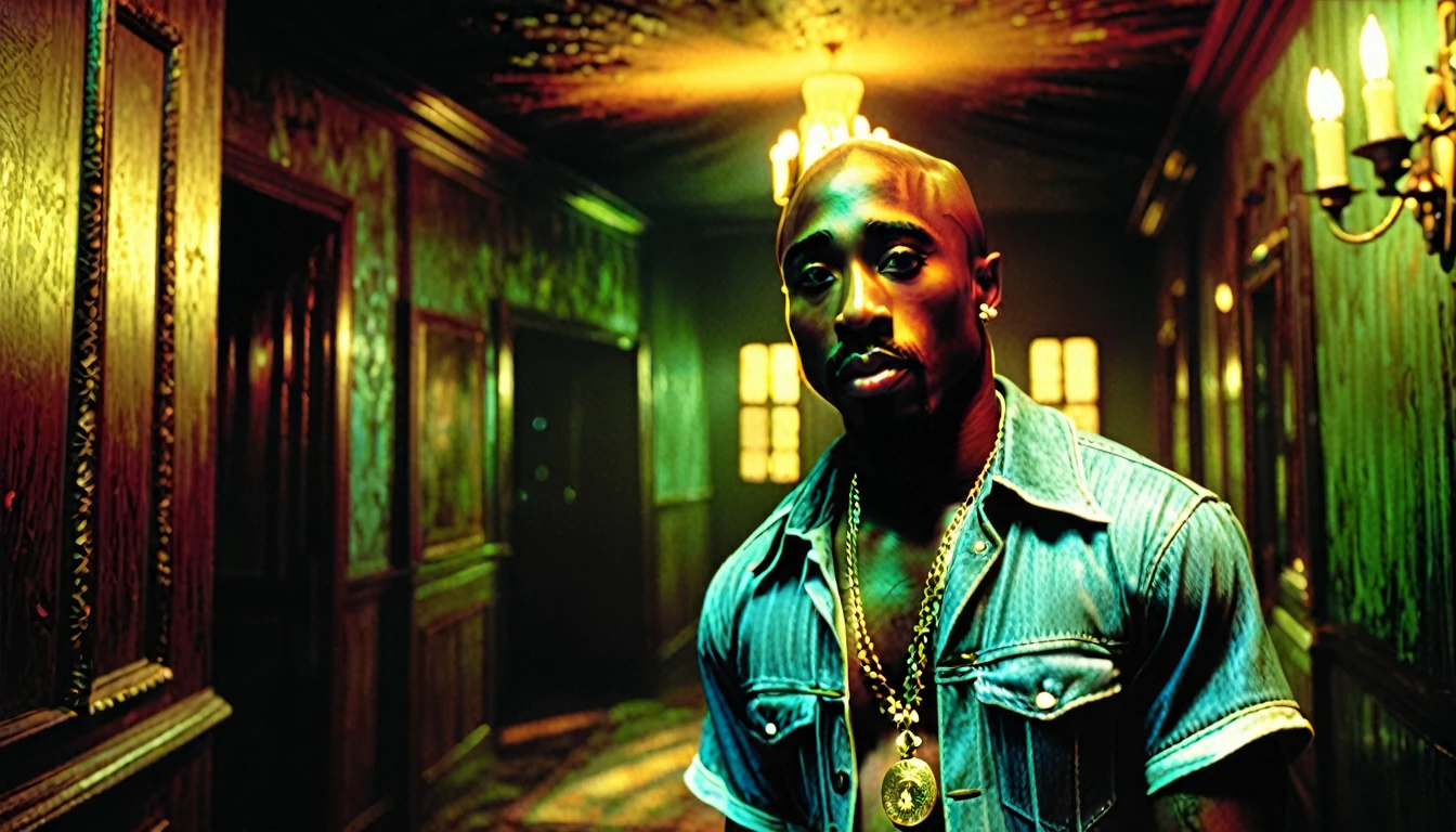 1970s photo of "2Pac" in a haunted house, atmospheric perspective, textured skin, cinematic action, super detail,
