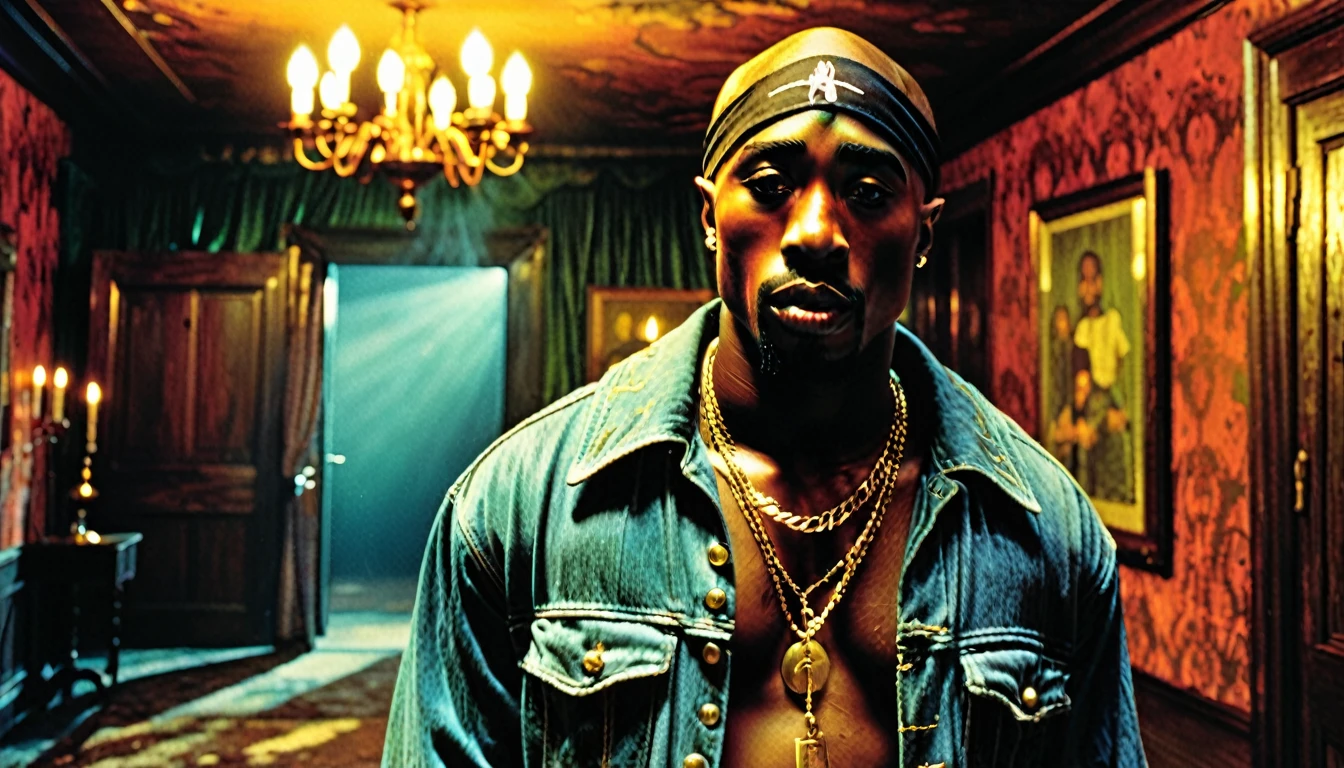 1970s photo of "2Pac" in a haunted house, atmospheric perspective, textured skin, cinematic action, super detail,