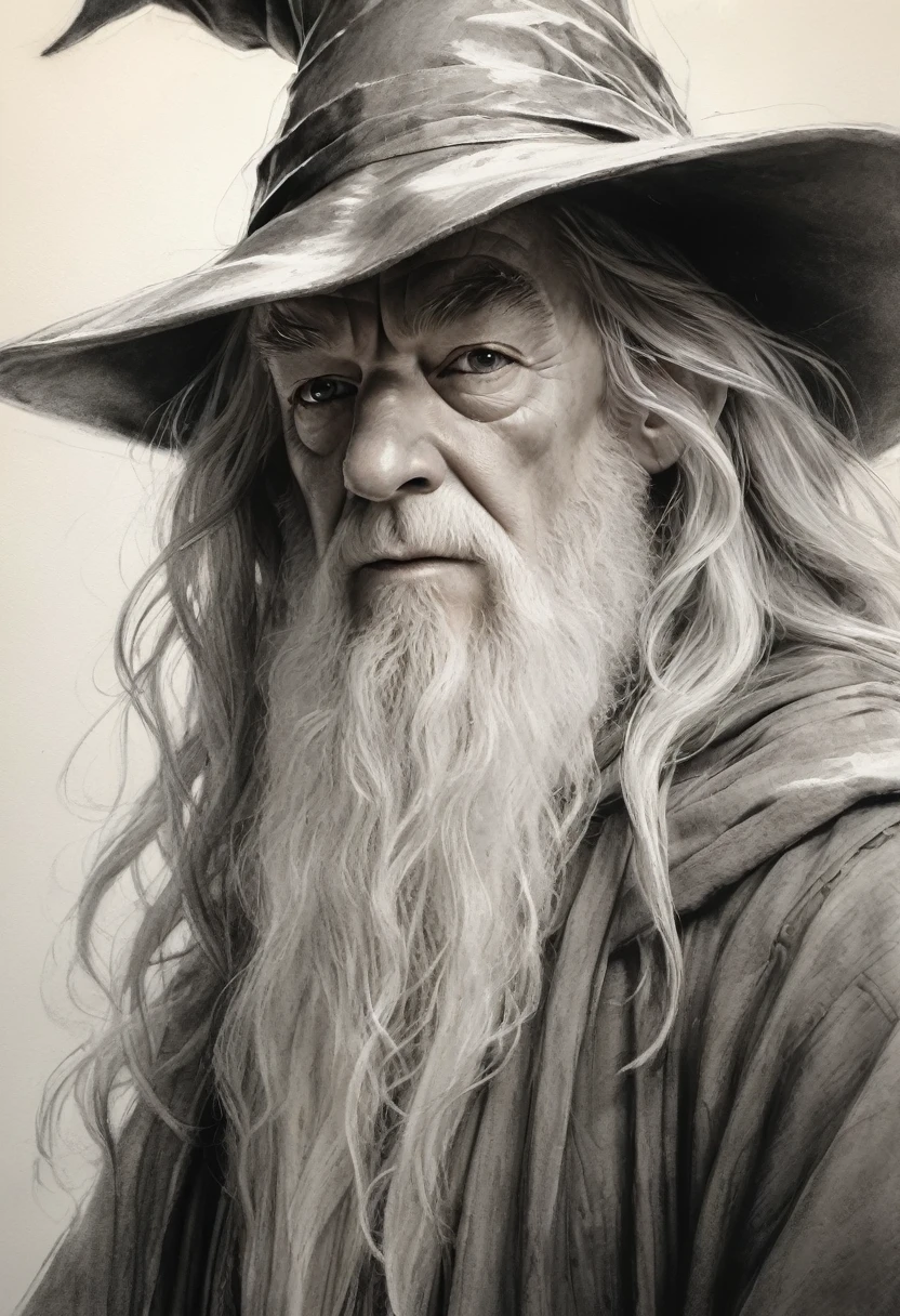 stunning black and white graphite sketch of Gandalf, up close shot, from The Lord Of The Rings trilogy, in dynamic pose, by Anna Razumovskay, (by Alyssa Monks:1.1), by Joseph Lorusso, by Lilia Alvarado, beautiful lighting, sharp focus, 8k, high res, (pores:0.1), (sweaty:0.8), Masterpiece, Nikon Z9, Award - winning photograph, --ar 16:9 --style raw --stylize 750 --niji 6, perfect composition, beautiful detailed intricate insanely detailed octane render trending on artstation, 8 k artistic photography, photorealistic concept art, soft natural volumetric cinematic perfect, wide angle view