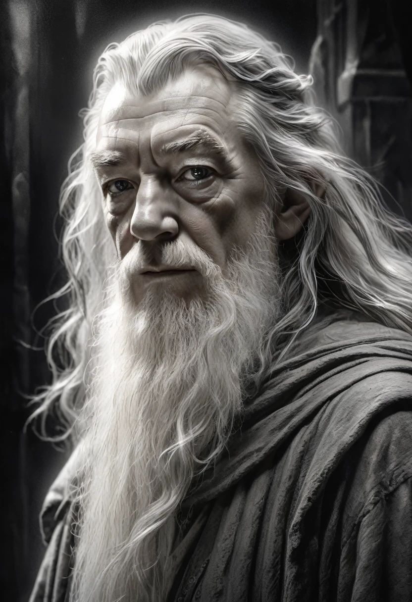 stunning black and white graphite sketch of Gandalf, up close shot, from The Lord Of The Rings trilogy, in dynamic pose, by Anna Razumovskay, (by Alyssa Monks:1.1), by Joseph Lorusso, by Lilia Alvarado, beautiful lighting, sharp focus, 8k, high res, (pores:0.1), (sweaty:0.8), Masterpiece, Nikon Z9, Award - winning photograph, --ar 16:9 --style raw --stylize 750 --niji 6, perfect composition, beautiful detailed intricate insanely detailed octane render trending on artstation, 8 k artistic photography, photorealistic concept art, soft natural volumetric cinematic perfect, wide angle view 