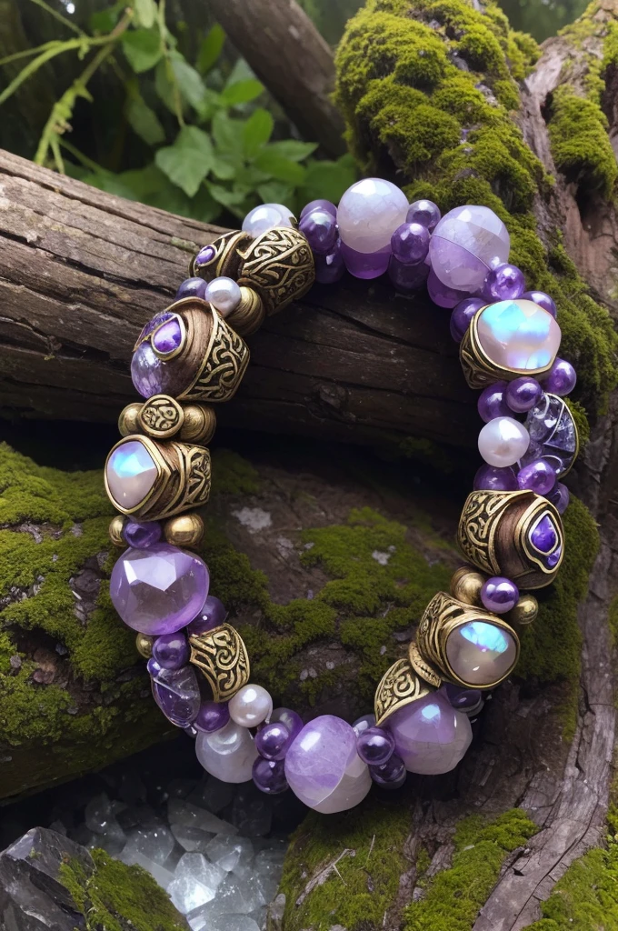 Mystical Forest: A close-up photo of a chunky, hand-carved wooden bracelet adorned with intricate Celtic knotwork. Deep within the grooves of the wood, tiny amethysts and moonstones shimmer like hidden constellations. Moss and wisps of mist cling to the bracelet, hinting at a secret forest ritual.

