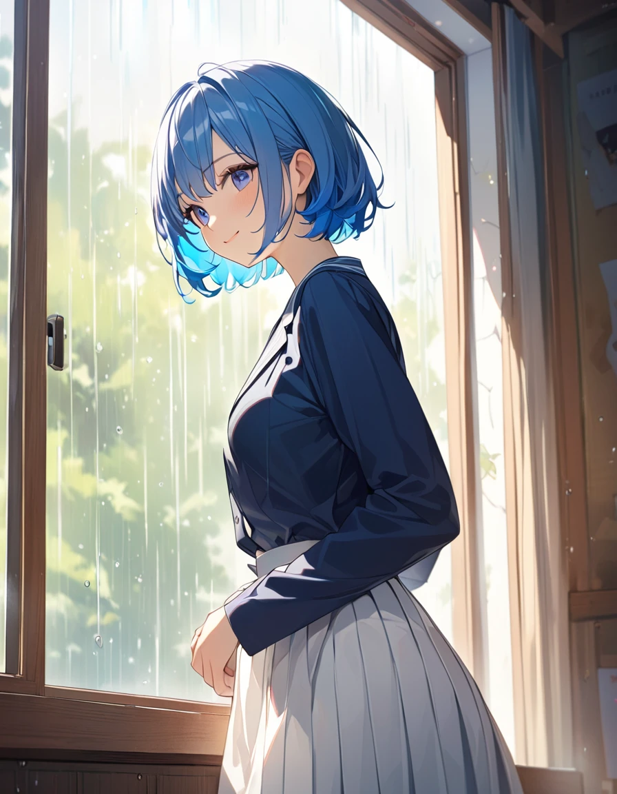 8K, Highest quality, masterpiece, Wallpapers by Unity 8K, School classroom、Standing by the window、窓の外はrain模様、(Highest qualityのイラスト:1.2), (pretty girl:1.1), (1 girl、17 years old、Highest qualityのイラスト:1.2), (1 girl、smile、Beautiful breasts、Very detailedな目:1.2)、Bright blue hair、Short Bob Hair、(Highest quality、Very detailed、Very detailed and beautiful、Ultra-high resolution)form,{Dark Blue Blazer、White shirt、Blue Ribbon、White pleated skirt}
、throw、Soft focus ground bokeh、、from side, Gazing into the distance、rain