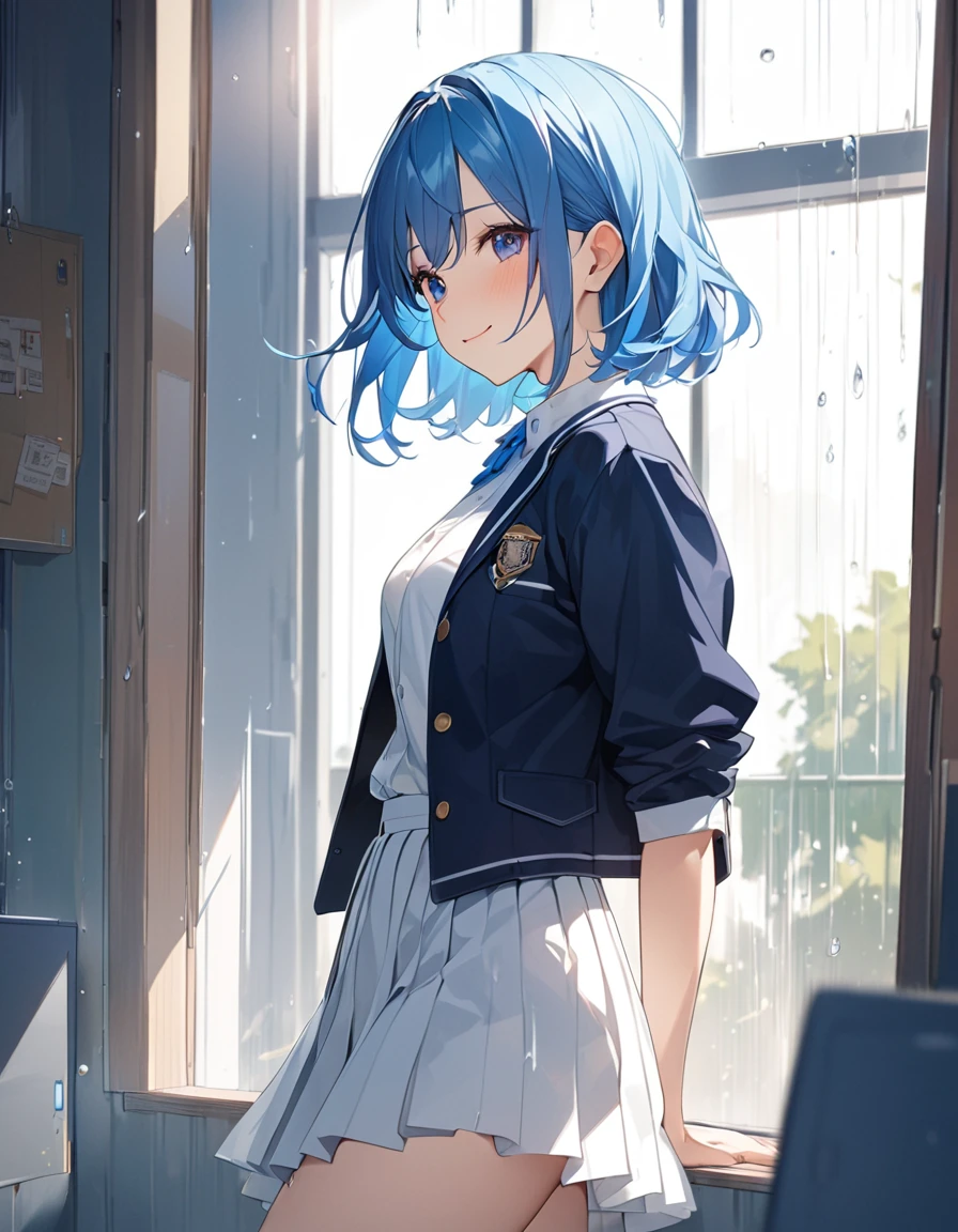 8K, Highest quality, masterpiece, Wallpapers by Unity 8K, School classroom、Standing by the window、窓の外はrain模様、(Highest qualityのイラスト:1.2), (pretty girl:1.1), (1 girl、17 years old、Highest qualityのイラスト:1.2), (1 girl、smile、Beautiful breasts、Very detailedな目:1.2)、Bright blue hair、Short Bob Hair、(Highest quality、Very detailed、Very detailed and beautiful、Ultra-high resolution)form,{Dark Blue Blazer、White shirt、Blue Ribbon、White pleated skirt}
、throw、Soft focus ground bokeh、、from side, Gazing into the distance、rain