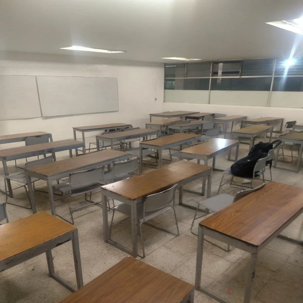 Change the benches for new ones, the walls painted gray, the ceiling lights, change them for new ones and the blackboard for a smart one.