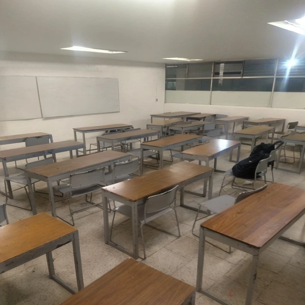 Change the benches for new ones, the walls painted gray, the ceiling lights, change them for new ones and the blackboard for a smart one.