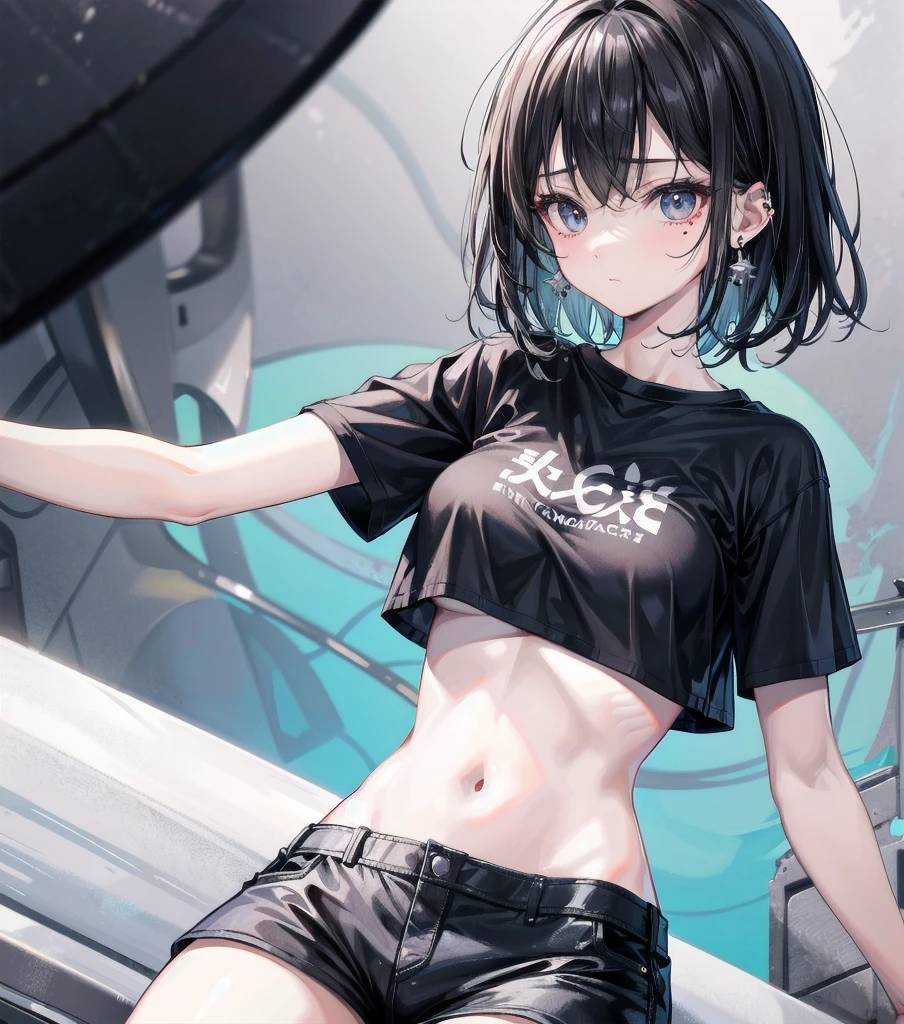 whole body, solo, alone, delicate facial features, medium tits, medium hair, black hair, tearful mole, earring, t-shirt, crop top, Hot Pants,