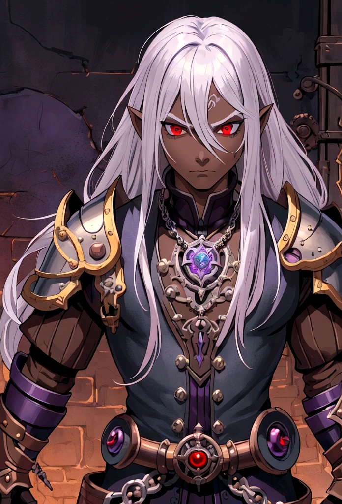 ((best quality)), ((masterpiece)), (detailed), ((boy)),, (dungeonpunk), (steampunk), half-drow, portrait, red eyes, long white hair, Xemnas from Kingdom Hearts, half-drow, brown skin with a purple hue, (full knight armor), paladin, serious faces, by Kinema Citrus
