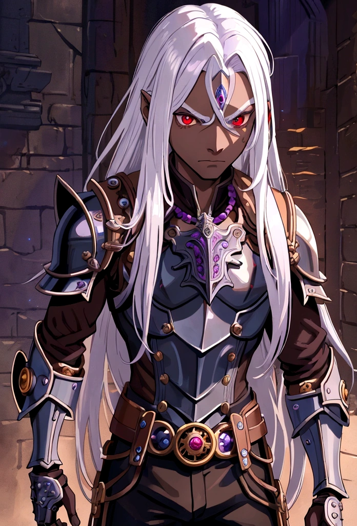 ((best quality)), ((masterpiece)), (detailed), ((boy)),, (dungeonpunk), (steampunk), half-drow, portrait, red eyes, long white hair, Xemnas from Kingdom Hearts, half-drow, brown skin with a purple hue, (full knight armor), paladin, serious faces, by Kinema Citrus
