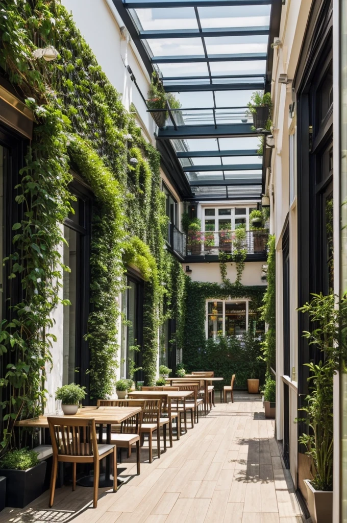 A long terrace with tables against the wall, It is a business that is an aesthetic cafe with climbing plants and a view of an avenue on a busy street.