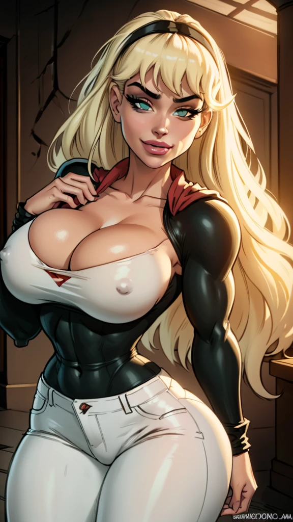 WITH YOUR BACK TO THE CAMERA,((ultra quality)), ((masterpiece)), supes, cute smile, smile, ((long blonde hair)), (Beautiful face), (beautiful female lips), (), charming, ((sexy facial expression)), (white skin color), (white skin), glare on the body, ((detailed beautiful female eyes)), ((dark brown eyes)), (juicy female lips), (dark eyeliner), (White shirt, Black jeans), wide eyebrows, slanted green eyes, makeup eyelids, big cheekbones, thin cheeks, defined jaw, (beautiful female hands), ((ideal female figure)), ideal female body, beautiful waist, gorgeous thighs, beautiful huge breasts, cleavage,((subtle and beautiful)), sexy worth
