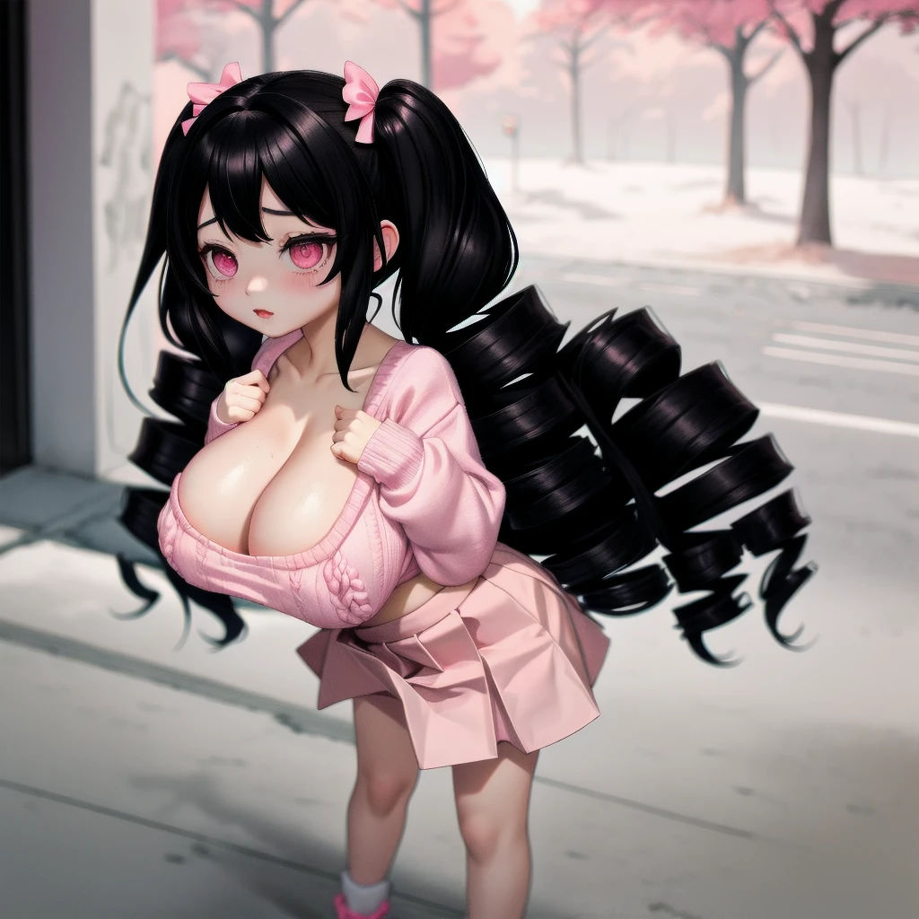 black hair, female, twin drills, solo, smol, pink eyes, massive breasts, very long hair, wear plain white sweater and pink skirt, masterpiece, ultra high quality