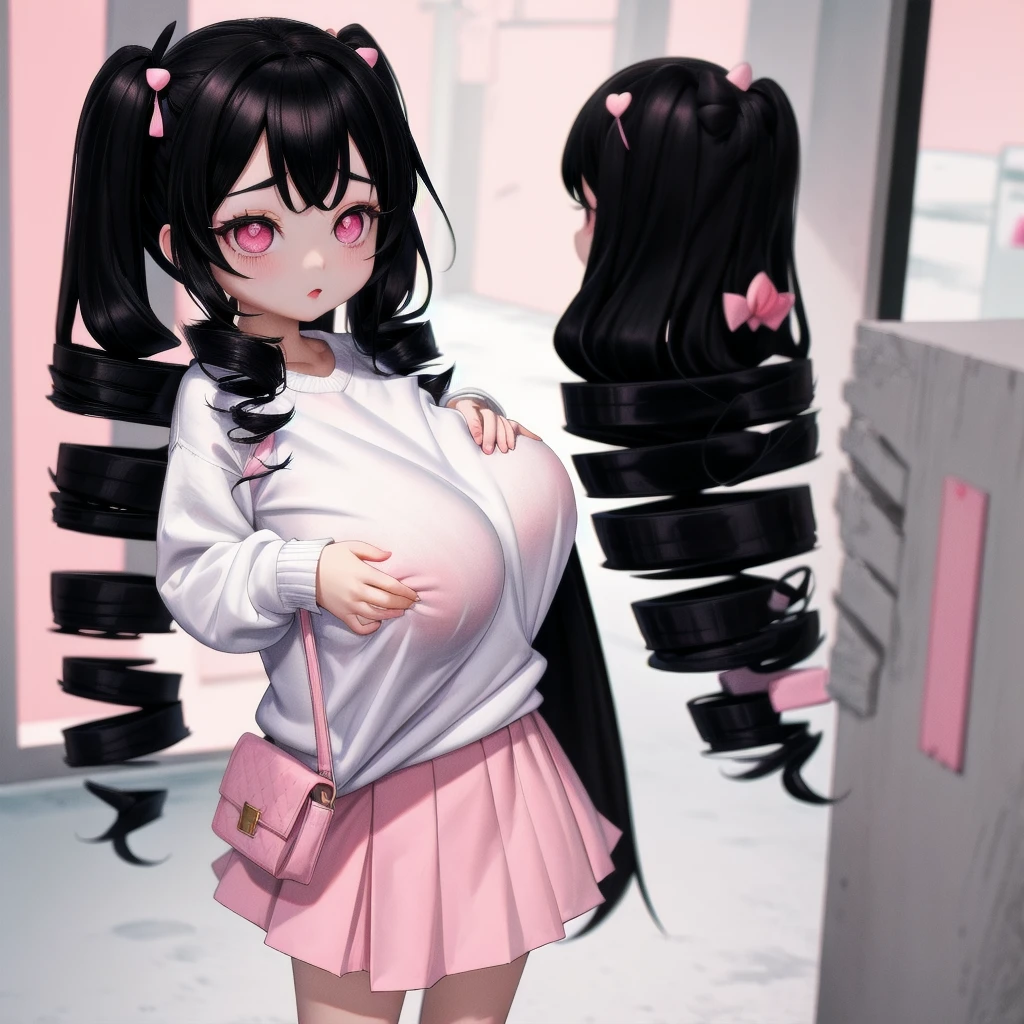 black hair, female, twin drills, solo, smol, pink eyes, massive breasts, very long hair, wear plain white sweater and pink skirt, masterpiece, ultra high quality