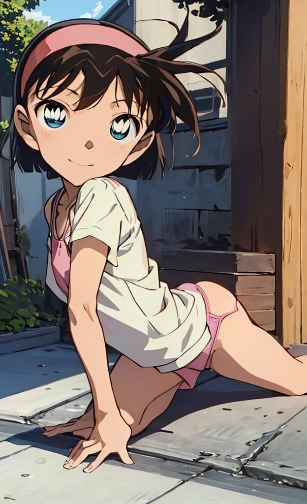 On all fours、String Panties、Panty shot,(beautiful,Small breasts:1.5),Yoshida Ayumi,One Girl, alone,((( Brown Hair, short hair,Pink Hairband,blue eyes))),smile, One girl,6 ,Detective Conan, shirt,mini skirt ,(((セクシーなString Panties))),masterpiece ,8k unity wallpaper,Anime key visual,Highest quality, High resolution, unity 8k wallpaper, (shape:0.8), Highly detailed face,Highly detailed eyes,Glowing Eyes , Shiny skin,Fine skin,White skin,dense skin,Detailed Hair,Very elaborate legs,Perfect lighting, Detailed CG, (Perfect hands, Perfect Anatomy),High resolution,(Detailed wear ),Thin limbs, Delicate curves, Graceful Hands,shape:0.8,On all foursで尻を突き出す、Angle from behind、Protruding ass、On all fours