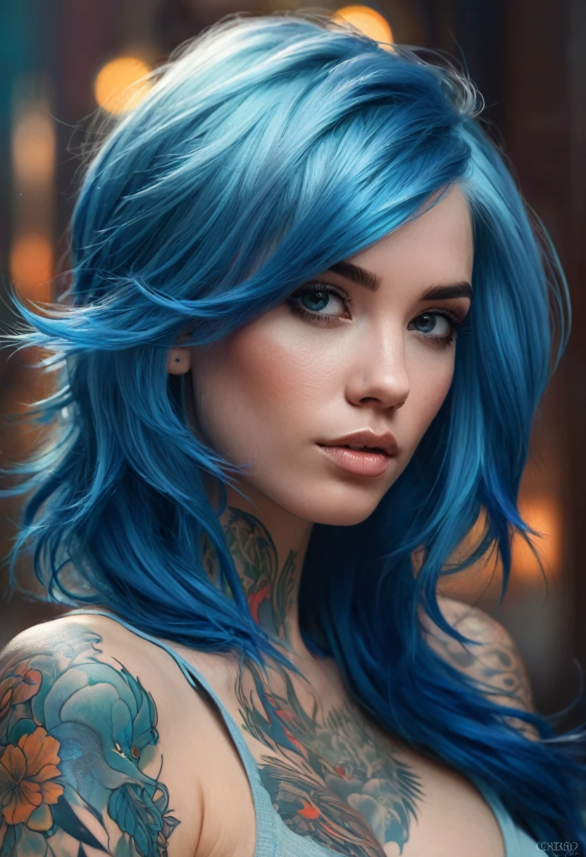 Closeup of a woman with blue hair and tattoos, WLOP inspired digital art, cgsociety contest winner, fantasy art, awesome digital illustration, Beautiful digital artwork, loish and wlop, beautiful digital illustration, neoartcore y charlie bowater, gorgeous digital art, exquisite digital illustration, hyperrealistic fantasy art, Beeple and Jeremiah Ketner