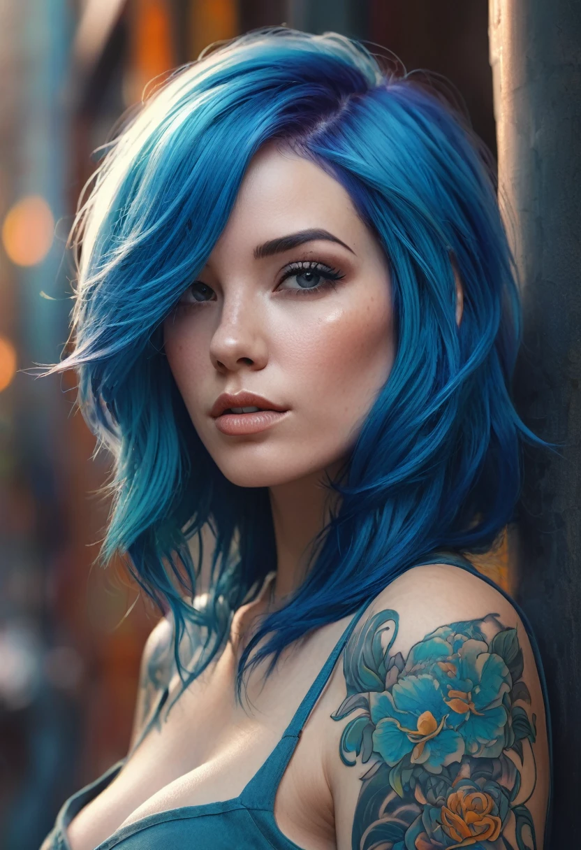 Closeup of a woman with blue hair and tattoos, WLOP inspired digital art, cgsociety contest winner, fantasy art, awesome digital illustration, Beautiful digital artwork, loish and wlop, beautiful digital illustration, neoartcore y charlie bowater, gorgeous digital art, exquisite digital illustration, hyperrealistic fantasy art, Beeple and Jeremiah Ketner