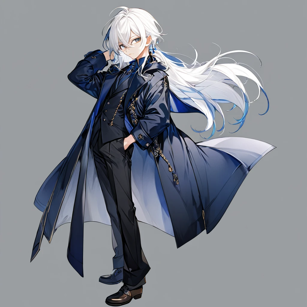 Male, anime style, white hair, dark blue coat, black pants, no background, standing pose