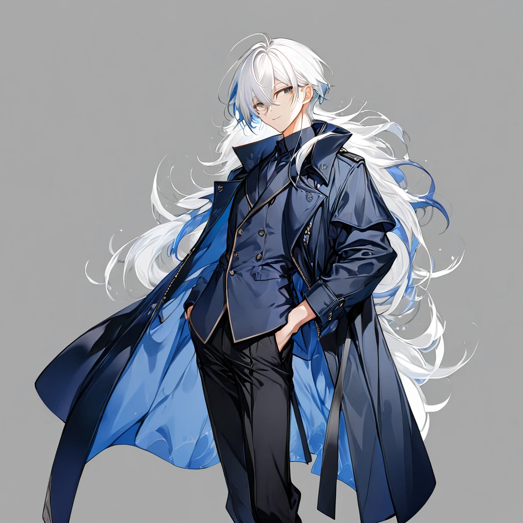 Male, anime style, white hair, dark blue coat, black pants, no background, standing pose