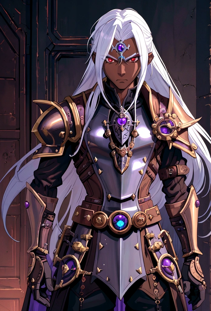 ((best quality)), ((masterpiece)), (detailed), ((boy)),, (dungeonpunk), (steampunk), half-drow, portrait, red eyes, long white hair, Xemnas from Kingdom Hearts, half-drow, brown skin with a purple hue, (full knight armor), paladin, serious faces, by Kinema Citrus