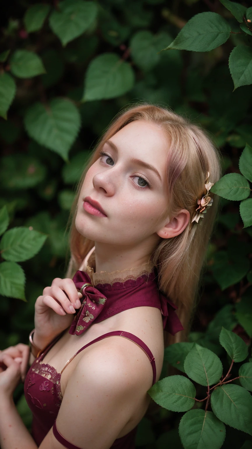 Cinematographic still featuring a 18yo girl, high resolution, Realism, 8K. A blonde curvy girl(with very pale skin, long hair(combed back)), (freckles:0.55), Hair: gold-blonde hair(Straight LONG hair).

Dressed in a revealing tight lace-outfit(burgundy/ Rose-Gold, with intricate floral-patterns, and a ribbon-bow tie, gold details) **Background**: Standing(surrounded by greenery lush plants and cats).
, **Visual Effects**: - (((**Color Palette**: Burgundy/Rose-Gold ))). And The colors are desaturated(emphasizing the gloom). The overall effect is akin to the Kodachrome slides of yesteryears, with a touch of Lomography’s(capturing a moment frozen in time). The scene is dark, withbacklighting and a blurred bokeh background. ((CLOSE UP SHOT, from the above view))

