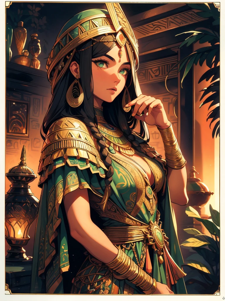 1 adult Egyptian woman, green eyes, black hair flaps, portrait, solo, upper body, looking at viewer, detailed background, detailed face,  OldEgyptAI, ancient egyptian theme,  feral jungle warrior, pink tribal clothing, obsidian, defensive stance, stone knife, bushes, poisonous plants, rocks,  humid climate, darkness, cinematic atmosphere,
dark chamber, dim light (zentangle, mandala, tangle, entangle), (golden and green tone:0.5)
(35mmstyle:1.1), front, masterpiece, 1970s film, , cinematic lighting, photorealistic, high frequency details, 35mm film, (film grain), film noise,