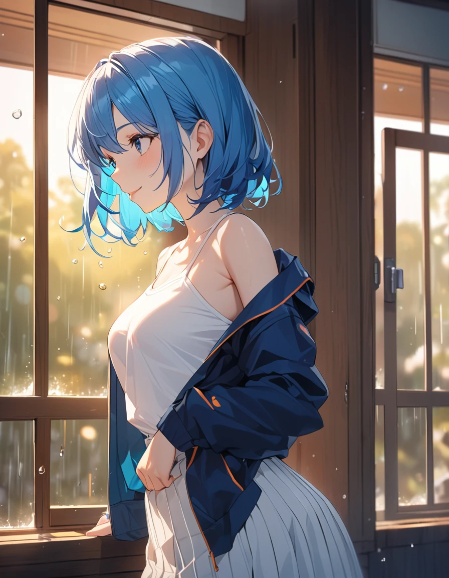 8K, Highest quality, masterpiece, Wallpapers by Unity 8K, School classroom、Standing by the window、窓の外はrain模様、(Highest qualityのイラスト:1.2), (pretty girl:1.1), (1 girl、、Highest qualityのイラスト:1.2), (1 girl、smile、Beautiful breasts、Veryedな目:1.2)、Bright blue hair、Short Bob Hair、(Highest quality、Very detailed、Very detailed and beautiful、Ultra-high resolution)form,{Dark Blue Blazer、White shirt、Blue Ribbon、White pleated skirt}
、throw、Soft focus ground bokeh、、from side, Gazing into the distance、rain