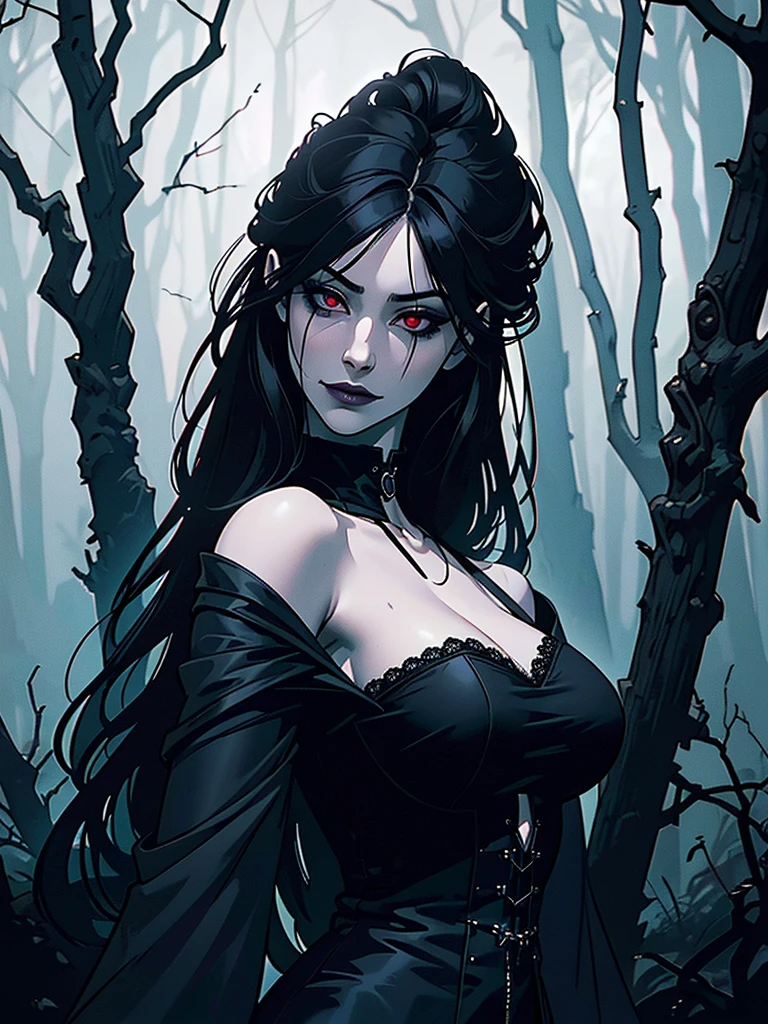(best quality,4k,8k,highres,masterpiece:1.2),ultra-detailed,(realistic,photorealistic,photo-realistic:1.37),goth korean girl, gothic,1woman,dark forest,red eyes,dark ambient,low saturation,anime style,pale skin,long flowing hair,gothic clothing,silhouette,surreal background,mysterious atmosphere,intense emotions,melancholic expression,lens flare,dramatic shadows,symbolic elements,heavy makeup,pale and dark colors,misty fog,ethereal beauty,subtle texture, dark makeup, back shot , full body, wicked smile, witch