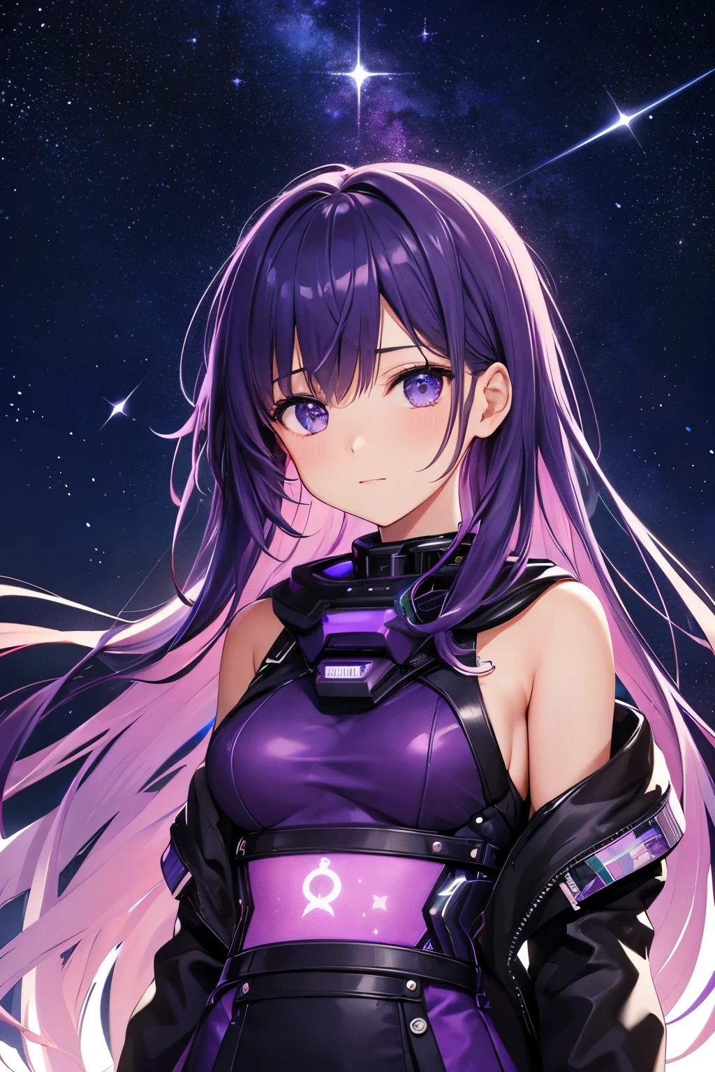 girl under starry sky with the constellations of the zodiac, shades of purple as if they were nebulae, vast space, in background cyberpunk city at the bottom,