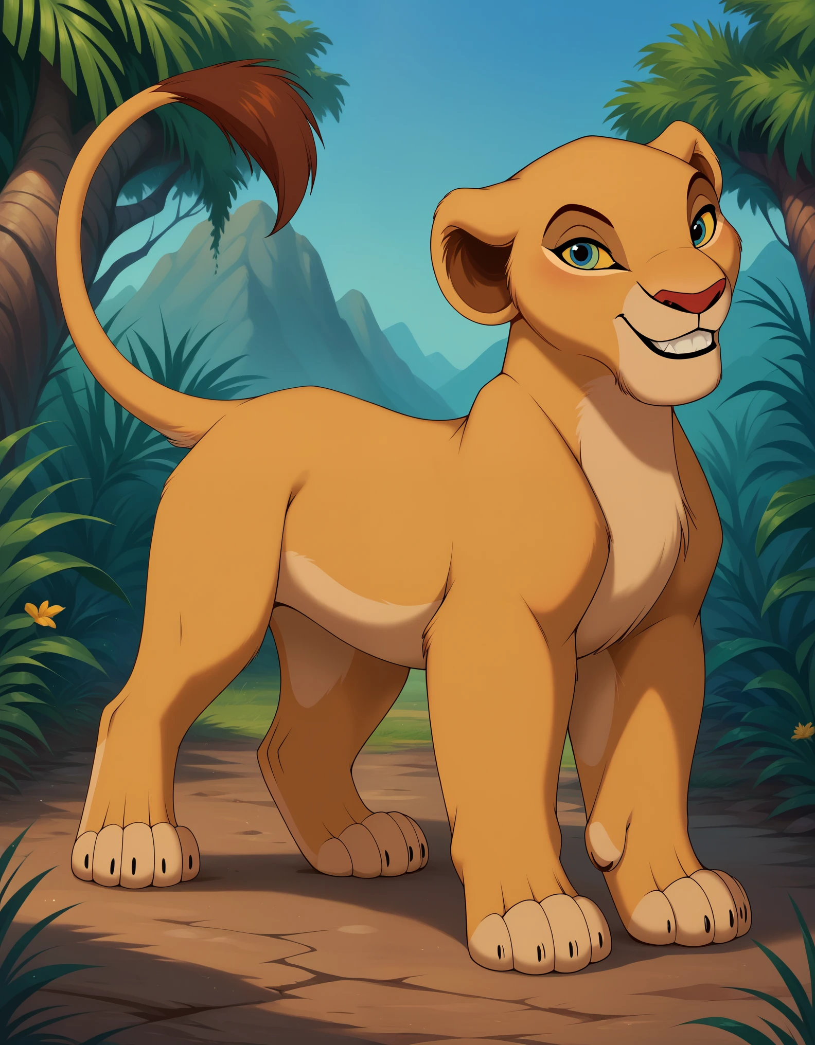 score_9, score_8_up, score_7_up, score_6_up, rating_safe, source_furry, disney, (the lion king:1.2), lioness, (young nala), nala, feral, cartoon, smile, parted lips, blue eyes, yellow sclera, standing, solo, cute, feral, (4 toes), paws, (blue eyes:1.2), (lidded eyes:1.0), cub, (smile:0.3), open mouth, fang, white teeth, playful, looking at viewer, (dewclaw:0.5),, bedroom eyes, raised tail, solo