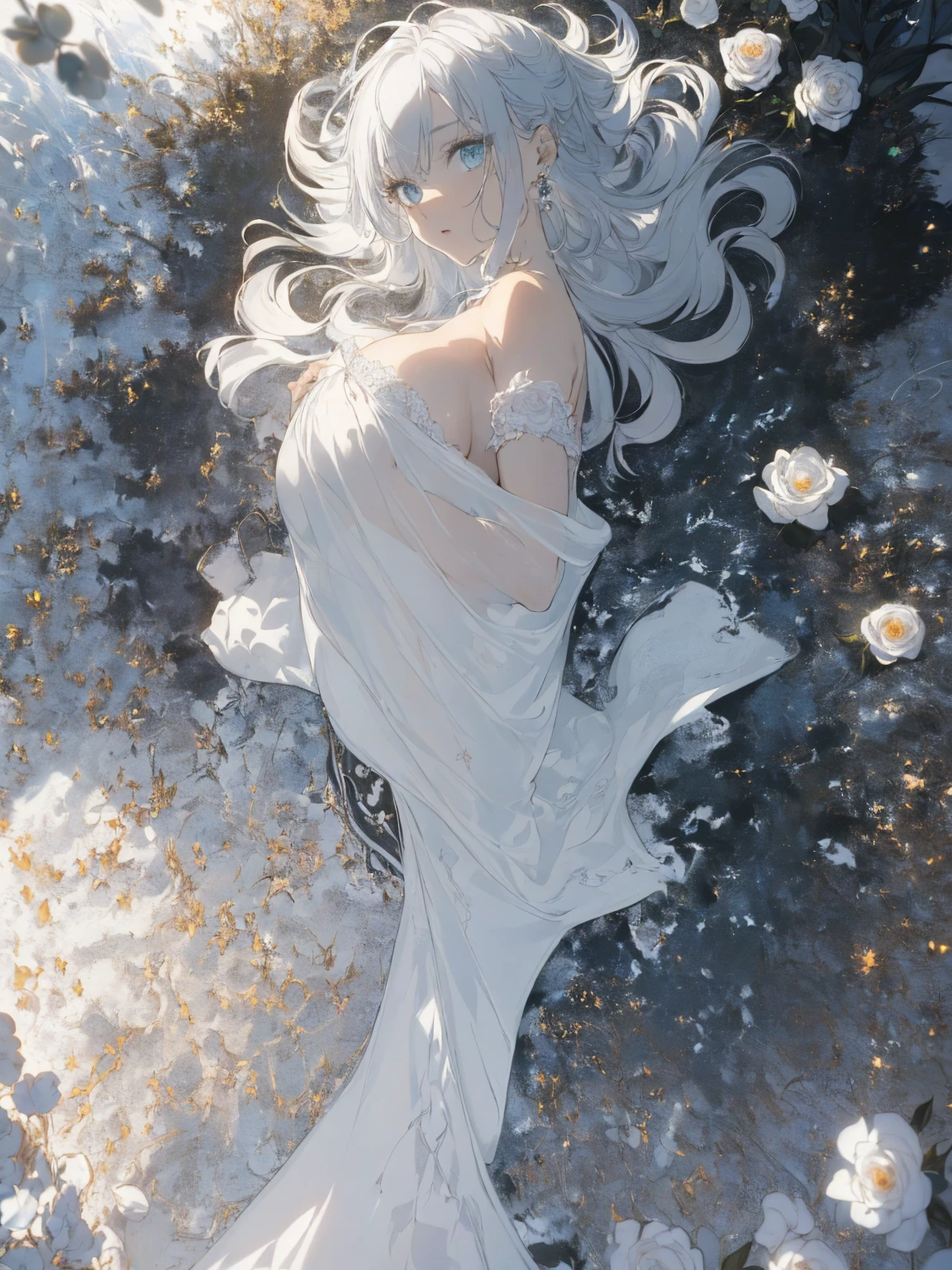 (Landscape photo, with a woman in the bottom right of photo:1.5, in white garden:1.5), Masterpiece, best quality, (very detailed CG unity 8k wallpaper), (best quality), High definition RAW color art, Animation,sculptures, (black Marble Skin), (((Ultra detailed elegant))), Magical atmosphere, Detailed skin, Texture,(Intricately detailed, Fine detail, ultra-detail art), depth of fields, Bokeh, Silky Touch, Hyper Detail, beautiful eyes, elegant face, (lying on floor, upper body focus), sparkle background, enormous breast:1.3, (silver hair), pure white, pose, muscle, embarrassing face, rose, light, view from side