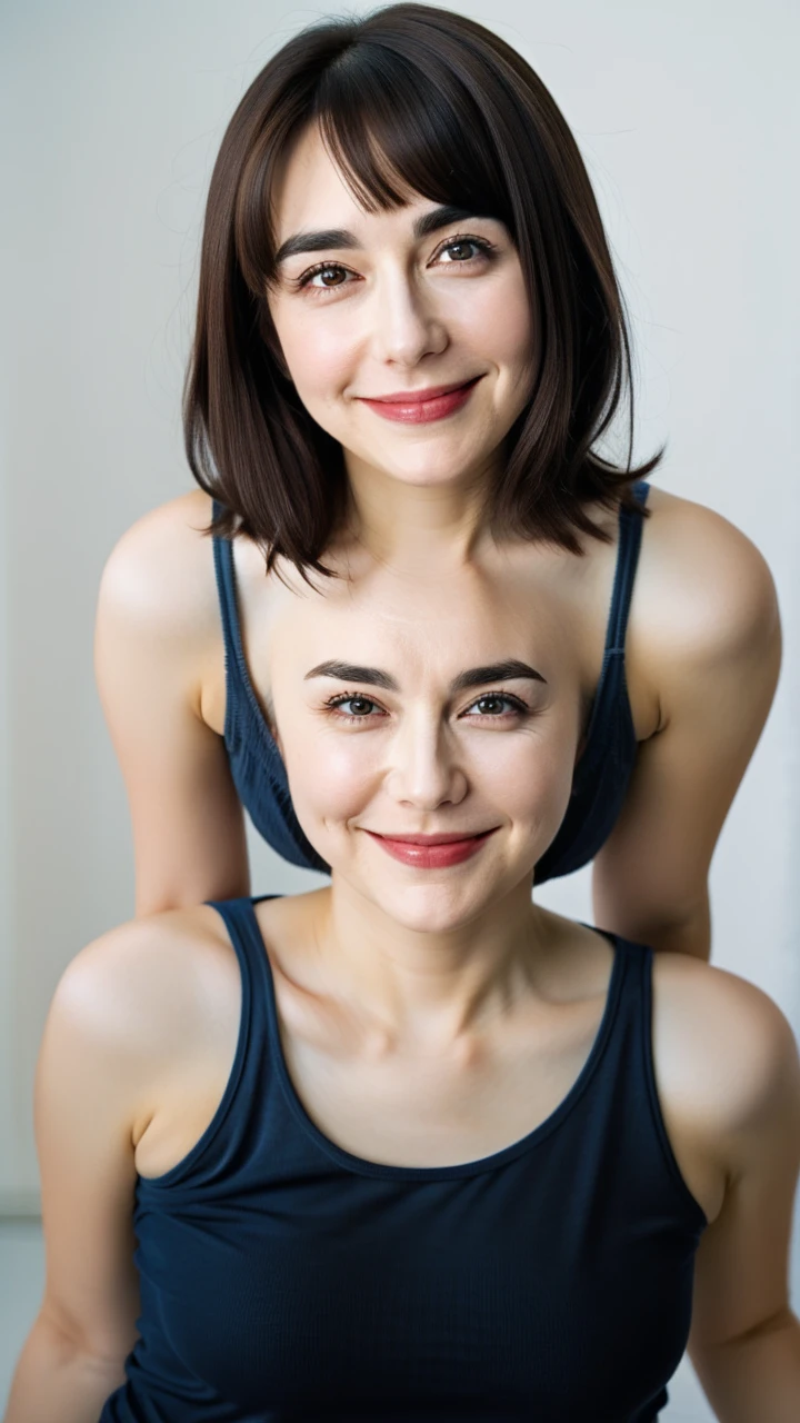 1 , dark brown hair, dark brown eyes, medium hair and bangs, slim, role model, with blue tank top, White background, Grinning, medium thick and filled eyebrows