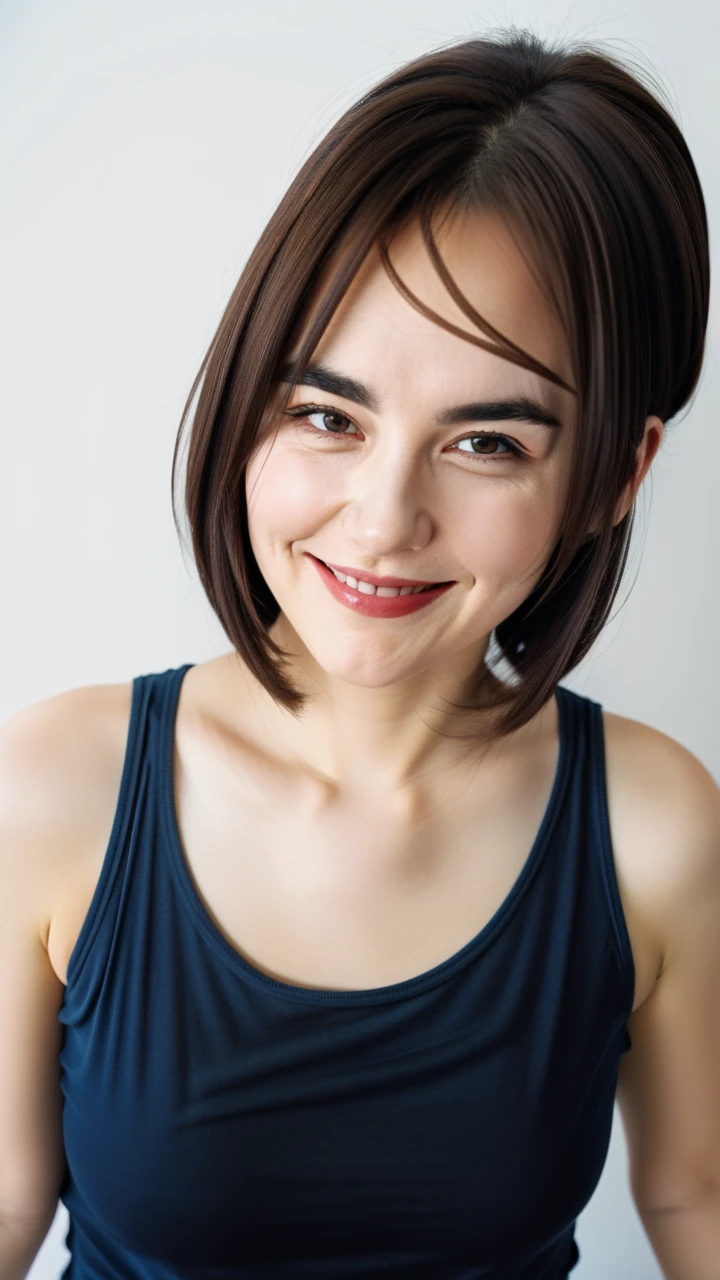1 , dark brown hair, dark brown eyes, medium hair and bangs, slim, role model, with blue tank top, White background, Grinning, medium thick and filled eyebrows
