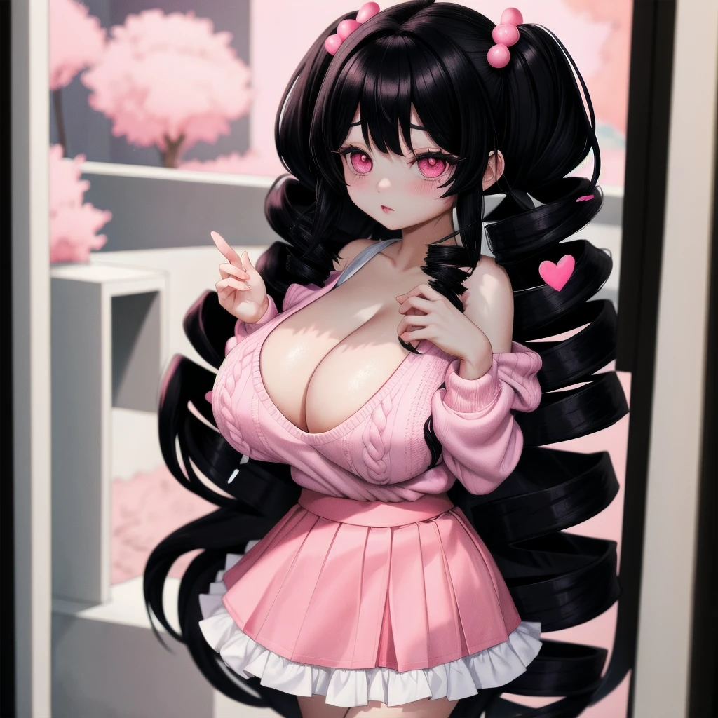 black hair, female, twin drills, solo, smol, pink eyes, massive breasts, very long hair, wear plain white sweater and pink skirt, masterpiece, ultra high quality