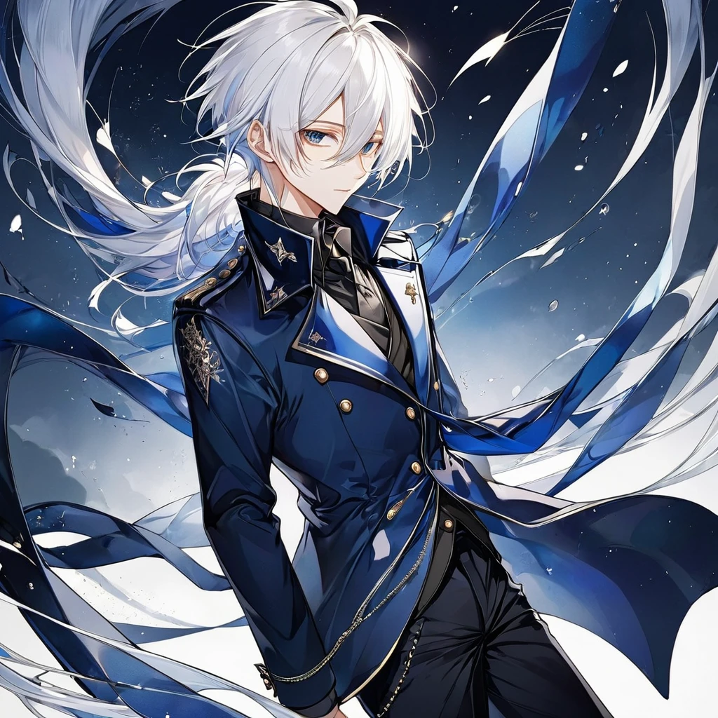 Male, anime style, white hair, dark blue coat, black pants