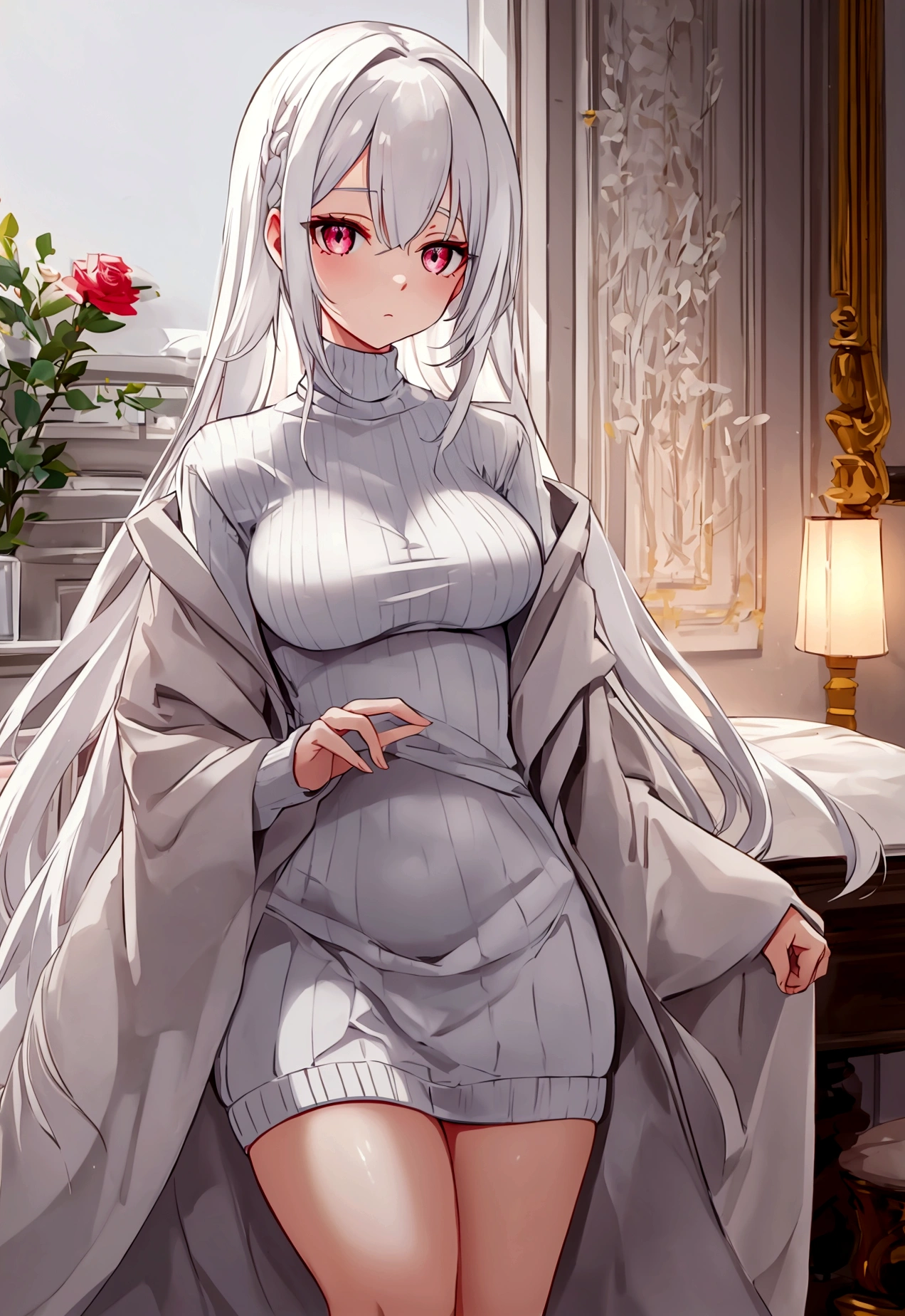 Soft lighting, High quality, In the modern room, Tall girl, White hair, Reddish eyes, serene expression, White sweater, Soft drawn, medium thighs, medium breasts.