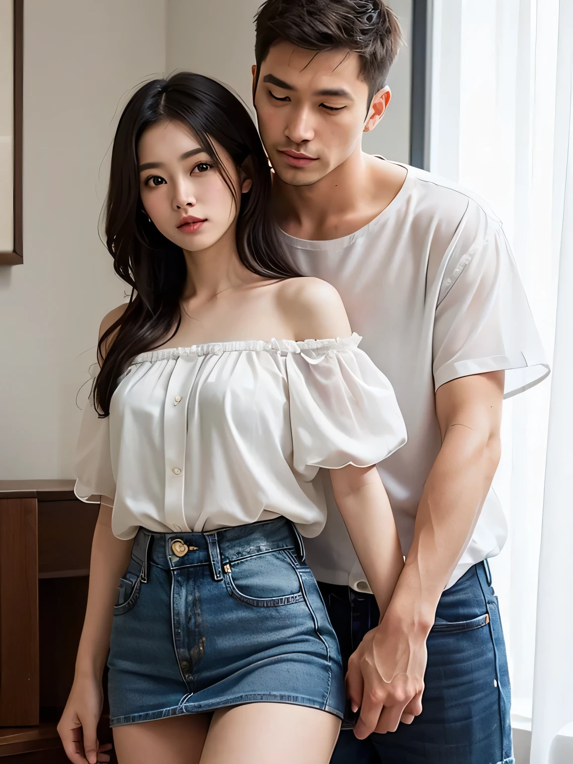 masterpiece,Highest quality,Advanced Details,1 male,1 female,((Empty room:1.4))、((Japanese woman with straight medium-long hair:1.4)), female:1.7、((White short sleeve chiffon off-shoulder open front shirt:1.4))、(((White chiffon short sleeve shirt:1.7)))、((A woman wearing a denim skirt that accentuates her thighs:1.4))、Japanese middle-aged 1 maleith short black hair,the man is very handsome,((Man grabbing woman's shoulder:1.4)),The woman is short,the man is tall,Reflects the height difference between men and women、the man'Height is 175 cm.,((The two of them are standing in an empty room:1.5))、Women play a leading role、Women are skinny,Small breasted women、Woth sad expression