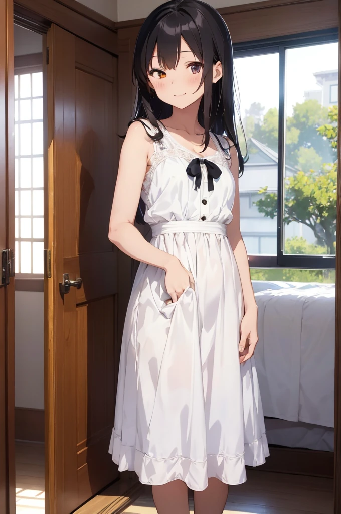 three anime girls wear white dresses standing in front of a room with curtains, yuigahama yui, yukinoshita yukino, multiple girls, 3girls, dress, black hair, long hair, smile, one eye closed, short hair