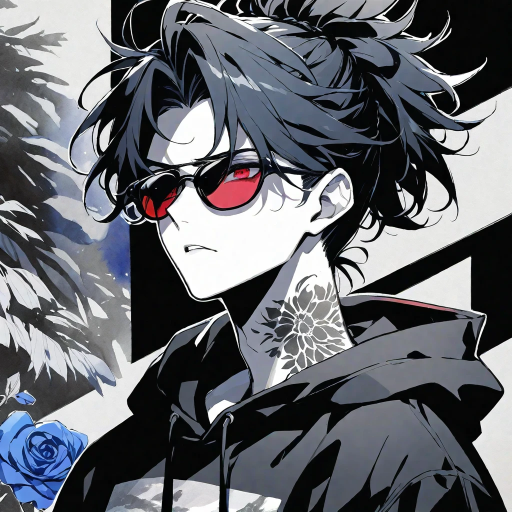 solo, handsome, Monochrome,watercolor,1 male, Ponytail, Braided black hair, red eyes, Gojo Satoru,casual,Blue Rose Tattoo,black Oversized hoodie,casual,Stylish,cool,sunglasses,
blackbackground,icon,Despise face up
