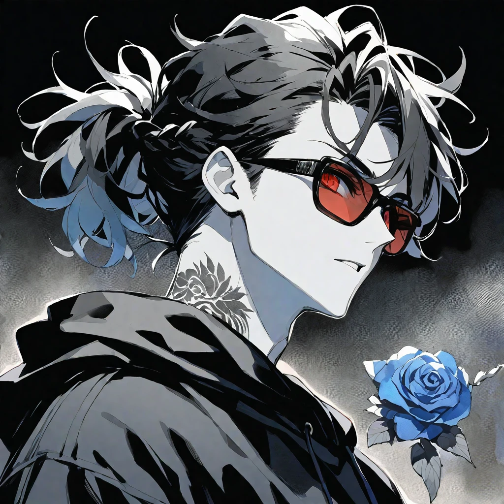 solo, handsome, Monochrome,watercolor,1 male, Ponytail, Braided black hair, red eyes, Gojo Satoru,casual,Blue Rose Tattoo,black Oversized hoodie,casual,Stylish,cool,sunglasses,
blackbackground,icon,Despise face up