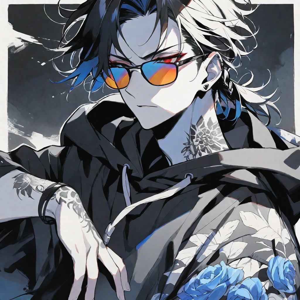 solo, handsome, Monochrome,watercolor,1 male, Ponytail, Braided black hair, red eyes, Gojo Satoru,casual,Blue Rose Tattoo,black Oversized hoodie,casual,Stylish,cool,sunglasses,
blackbackground,icon,Despise face up