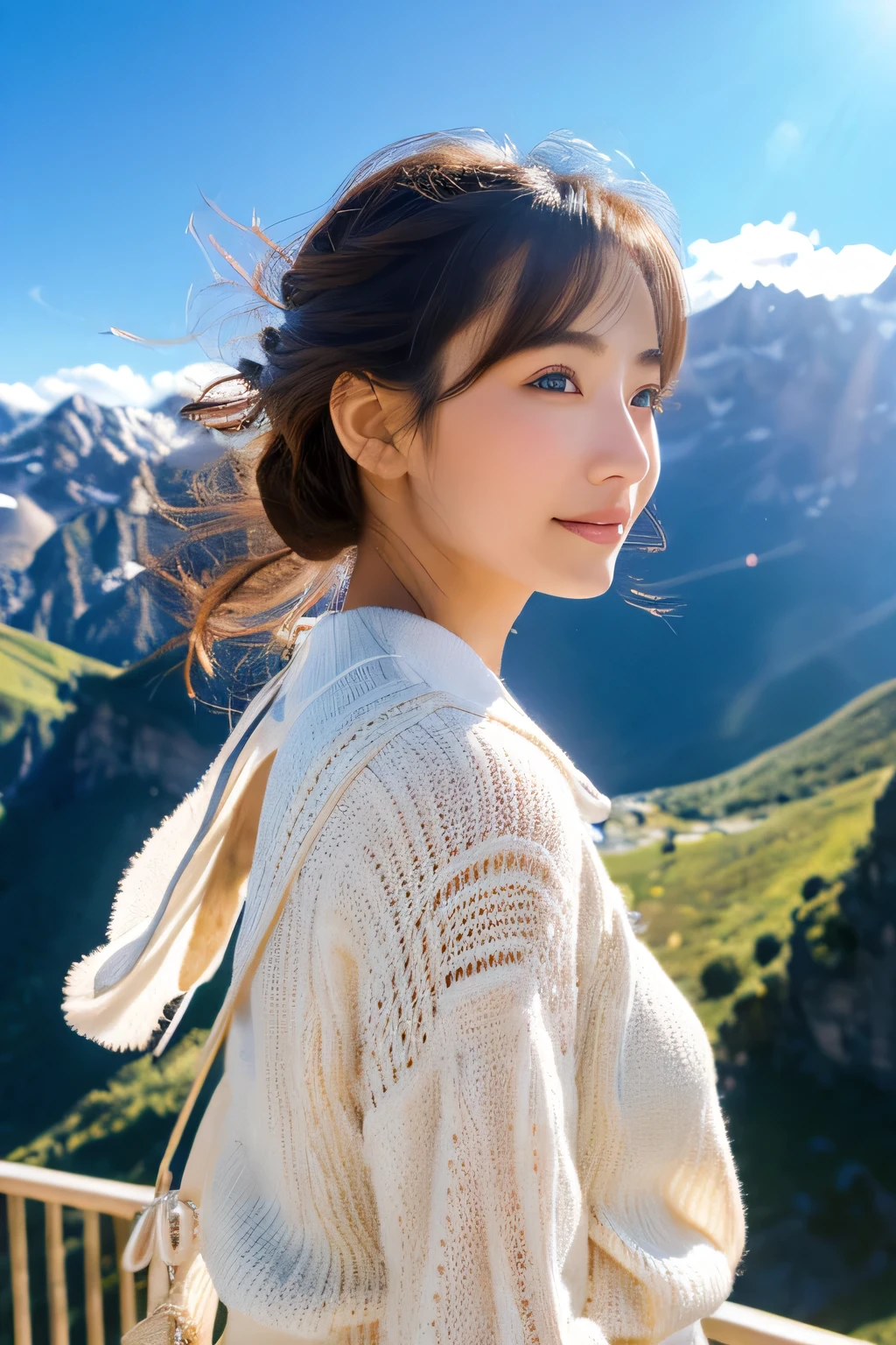 (masterpiece、high resolution、high quality)、Mountains in the sky、Elegant woman、Realistic beauty、Perfect beauty、Sky、鷲と鷹がSkyに舞う、sun、spirituality、Light of Love、gravure、