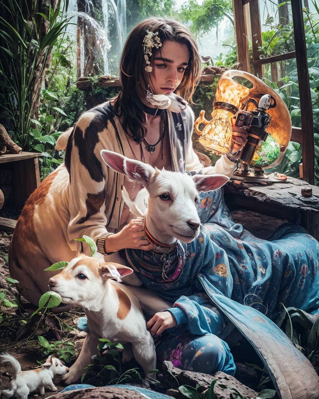 a white and tan jack Russell terrier named George ate all of his owner's psychedelic psilocybin mushrooms and now he finds himself tripping BALLS on a wacky wild adventure with his new best friend who happens to be a brown and white GOAT named Kevin, extreme detail,  digital art,  psychedelic firey, fire, photorealistic, whimsical, colourful lighting, wide angle lens, slow shutter speed