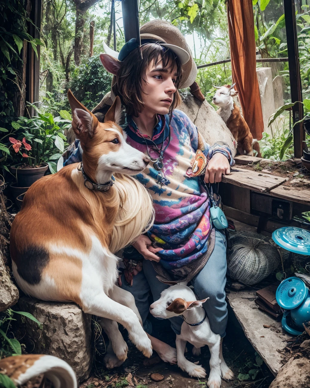 a white and tan jack Russell terrier named George ate all of his owner's psychedelic psilocybin mushrooms and now he finds himself tripping BALLS on a wacky wild adventure with his new best friend who happens to be a brown and white GOAT named Kevin, extreme detail, digital art, psychedelic firey, fire, photorealistic, whimsical, colourful lighting, wide angle lens, slow shutter speed