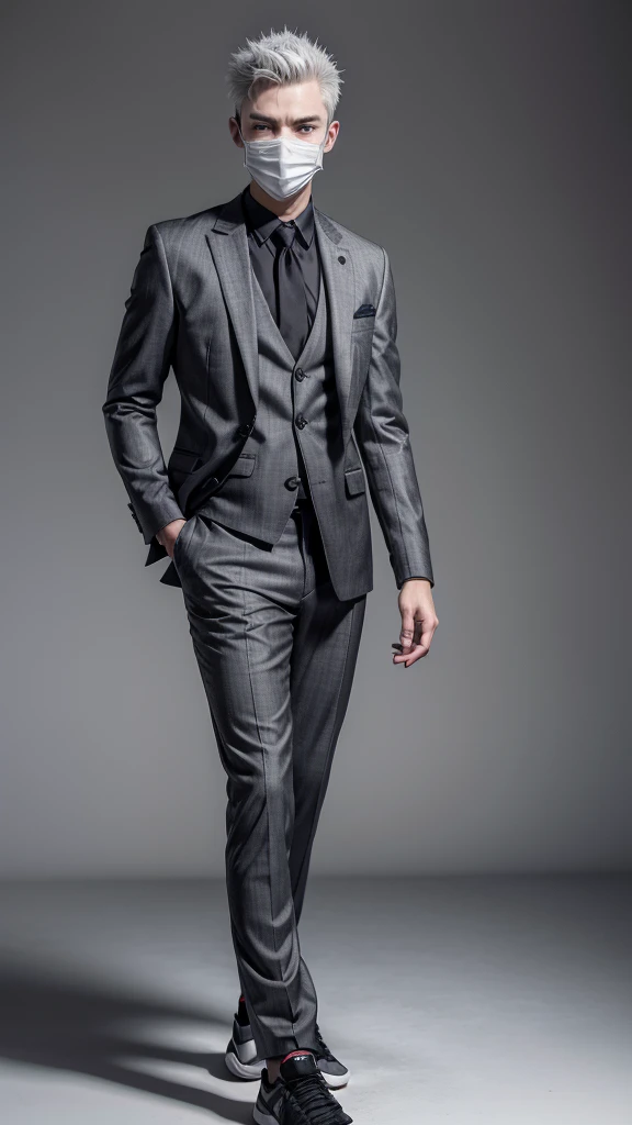 A boy with spiky gray hair, with a mask without gray expression, wearing a black and gray suit, with a red glove on his right hand, with gray pants with black details and black sneakers, full bodied, full body view, full white background, highly detailed