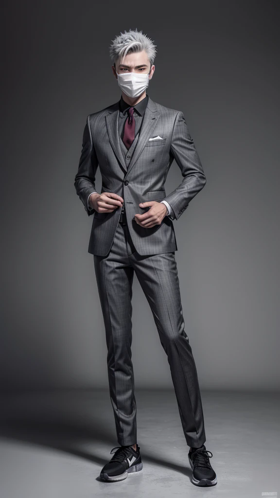 A boy with spiky gray hair, with a mask without gray expression, wearing a black and gray suit, with a red glove on his right hand, with gray pants with black details and black sneakers, full bodied, full body view, full white background, highly detailed
