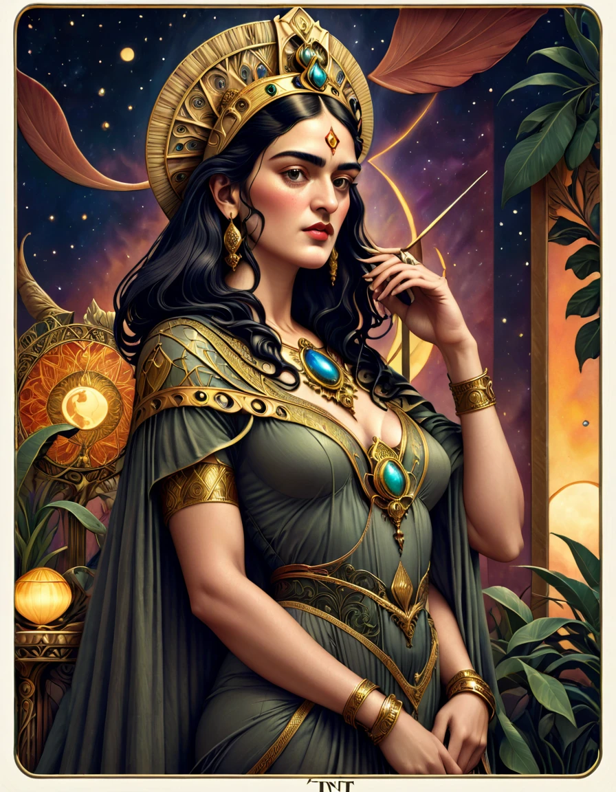 Frida Kahlo as a Tarot Card: score_9, score_8_up, score_7_up, score_6_up, score_5_up, [ ACOCleopatra],[Black Hair],Cleopatra from Assassin's Creed Origins,[Jewelry],[ancient Egypt],4k,sharp image,detailed, sexy, extremely detailed artgerm, (masterpiece, best quality:1.2), (insanely detailed, beautiful detailed, masterpiece, best quality), (insanely detailed, masterpiece, best quality) of tarot cards, a touch of Frida's signature artistic flair. (best quality, highres, vivid colors, photorealistic, artistic interpretation, detailed portrait), surreal tarot card, Frida Kahlo as a goddess in the tarot deck.